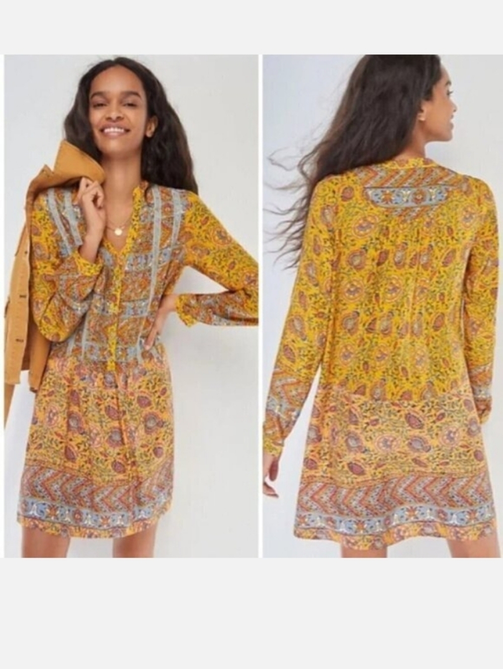 Anthropologie TINY Ismelda Tunic Dress Floral Yellow Printed Long Sleeve Small